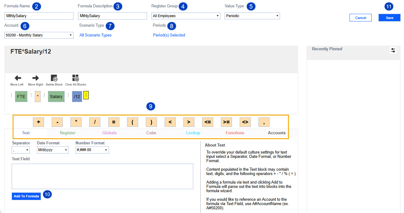 2. Formula name 3. Formula description 4. Register group 5. Value type 6. Account 7. Scenario type 8. Periods 9. Formula blocks 10. Add to formula button 11. Save button